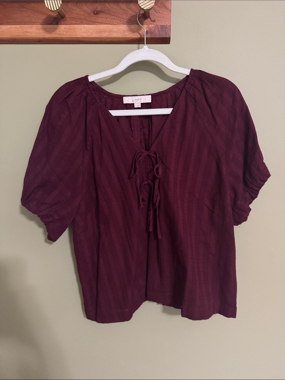 LOFT Burgundy Tie-Front Short Sleeve Blouse
